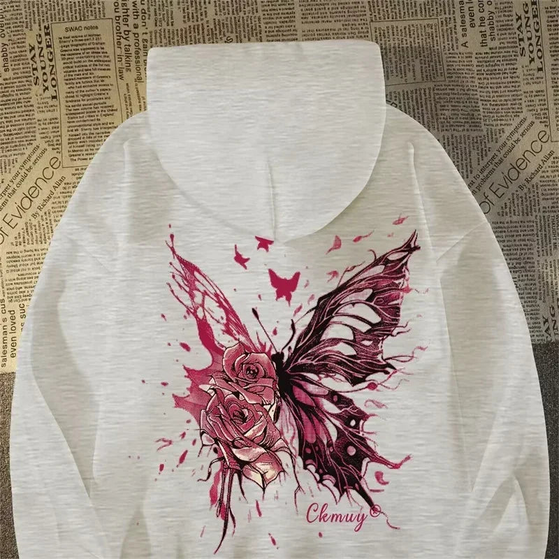 Herren Hoodie mit kreativer Schmetterling Rose Grafik im Hip Hop Stil