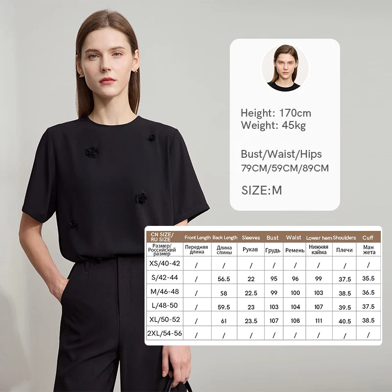 Damen Top im minimalistischen Stil mit elegantem O-Ausschnitt und Pailletten-Blume
