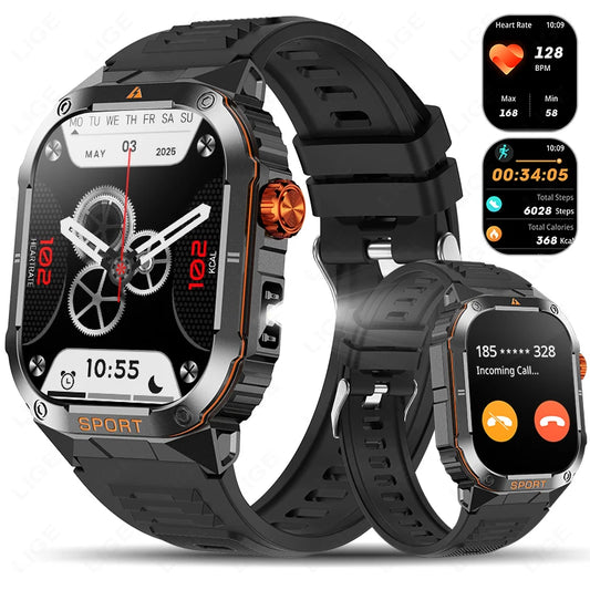 LIGE Military Taschenlampe Smart Uhr Wasserdicht Herzfrequenz Fitness Sport Anruf Erinnerung Smartwatch Für IOS Android Telefon 2025