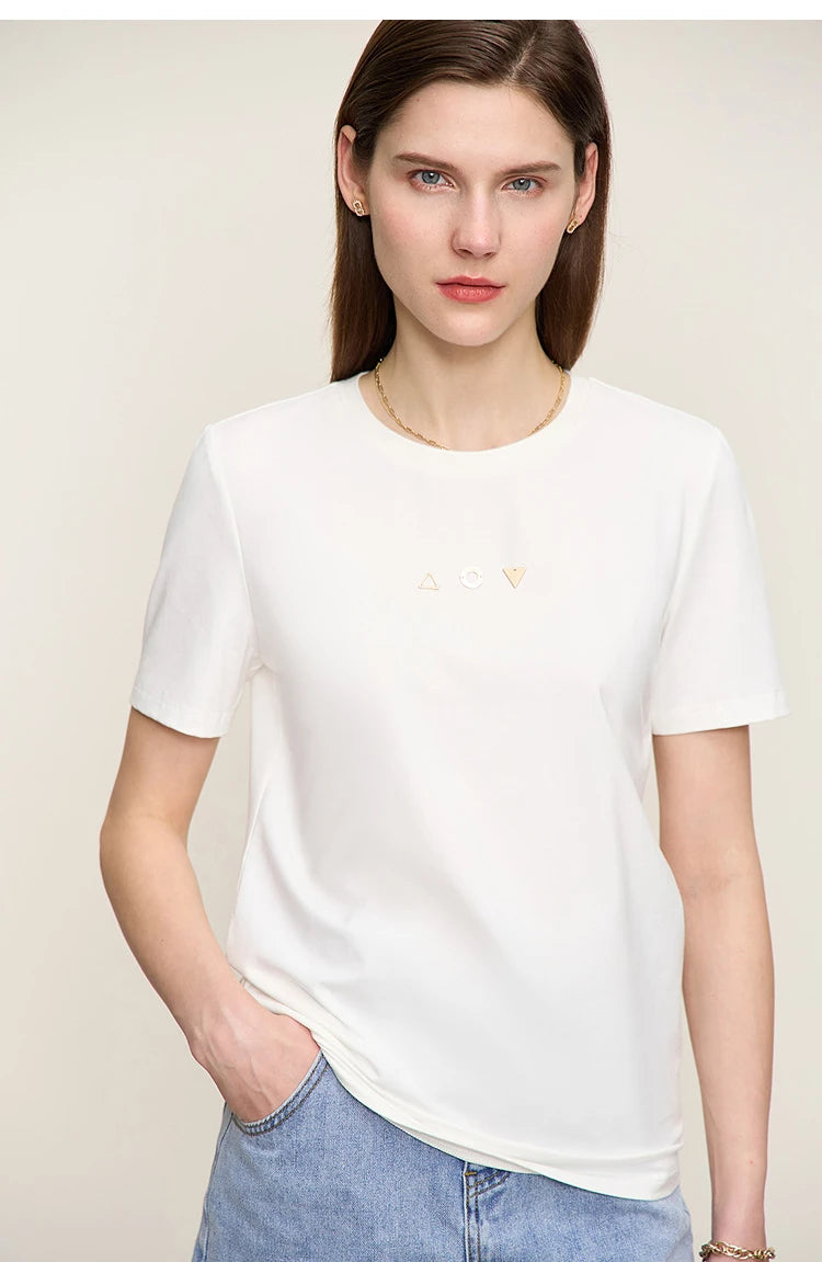 Damen T-Shirt mit O-Ausschnitt und geometrischer Dekoration aus antibakterieller Baumwolle