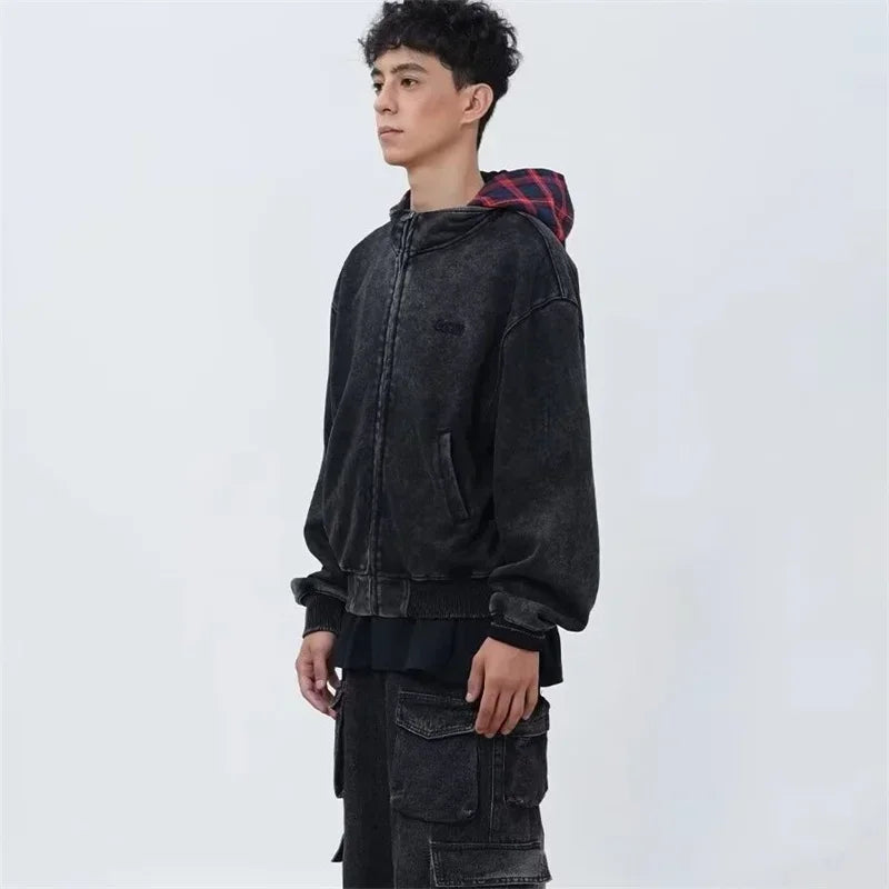Herbst Plaid Zipper Mit Kapuze Sweatshirts Für Männer Y2K Vintage Streetwear Patchwork Jacken Weibliche Harajuku Mode Hoodies Mäntel
