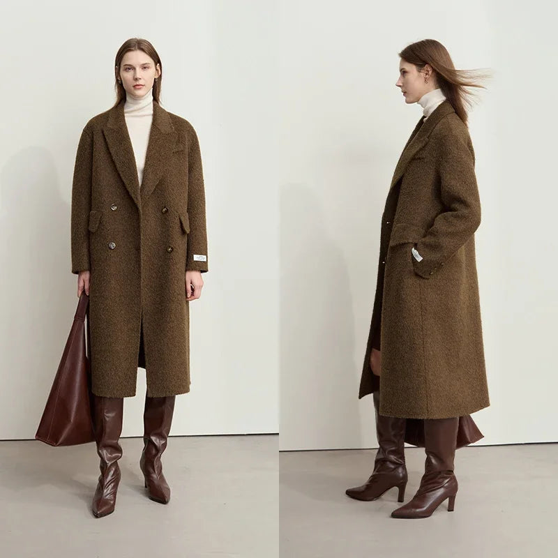 Damen Wollmantel im Minimalismus-Stil mit zwei Reihen und Taschen