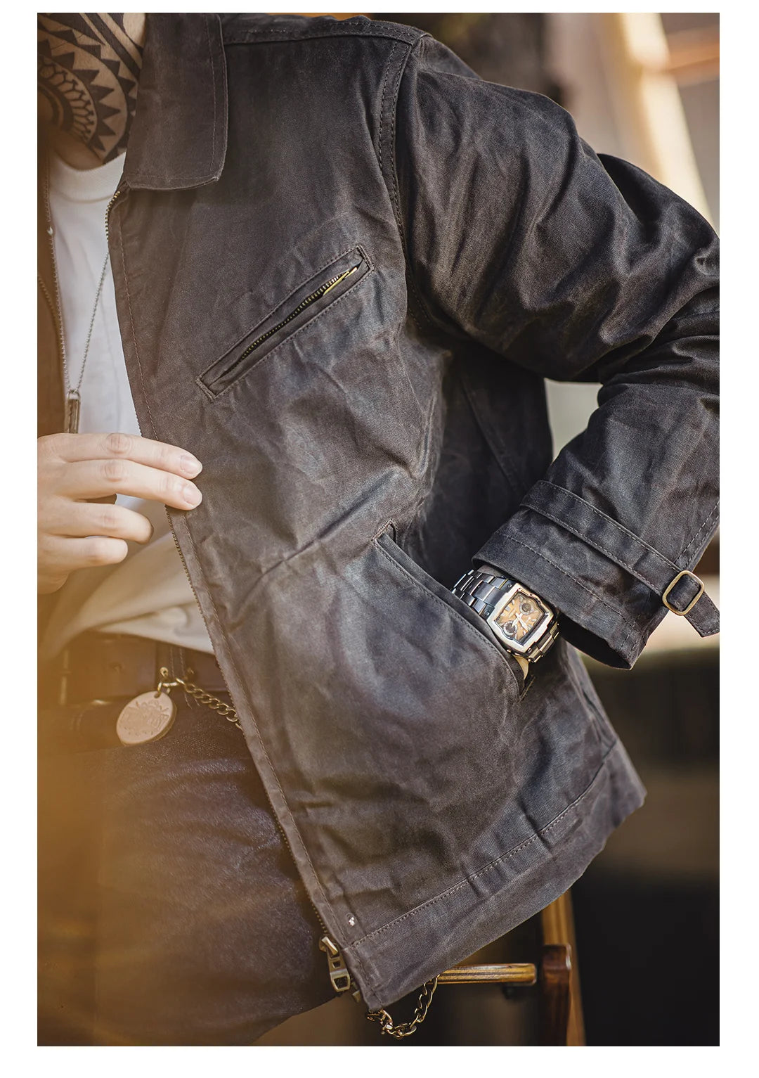 Herren Jacke Vintage IV Oil Waxed Canvas Revers Reißverschluss Taschen