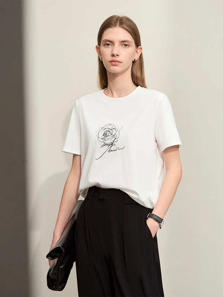 Damen Kurzarm-T-Shirt im minimalistischen Stil mit O-Ausschnitt und Stickerei