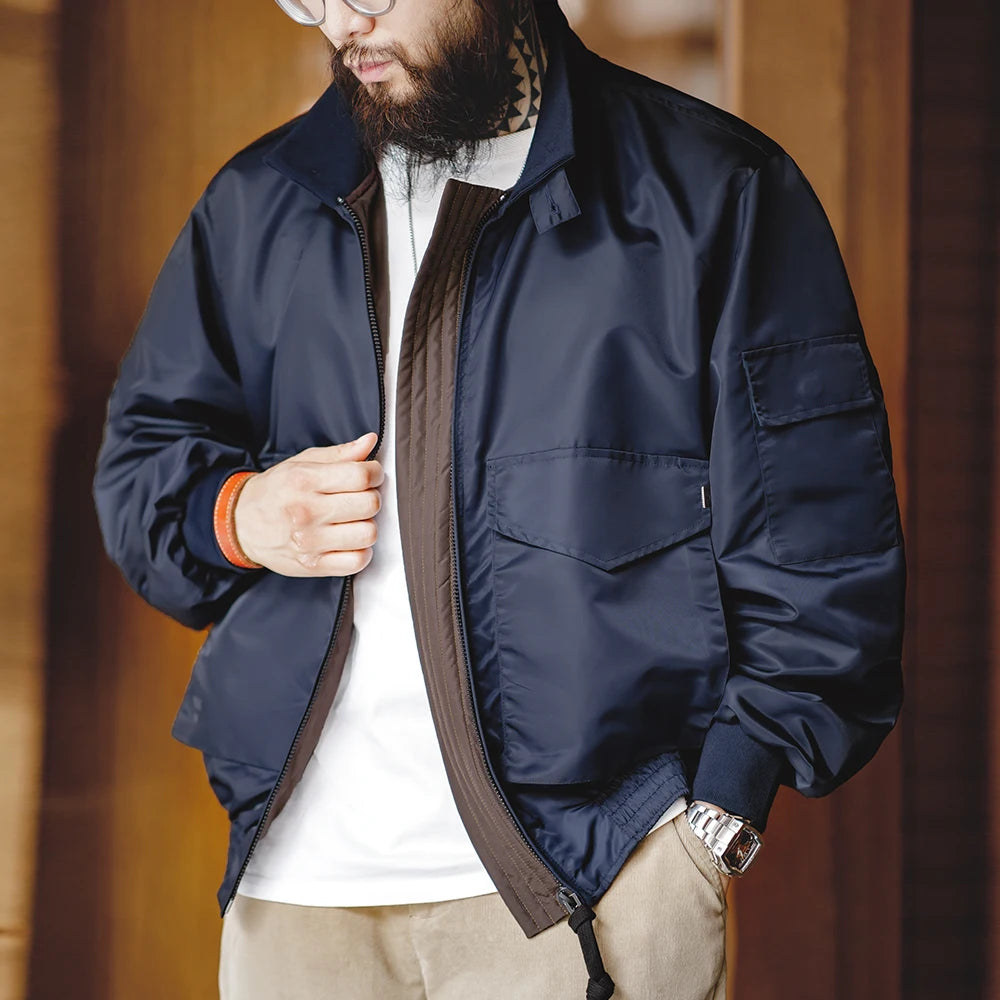 Herren Fliegerjacke Vintage Marineblau Bomberjacke Turn-Down Kragen Mäntel