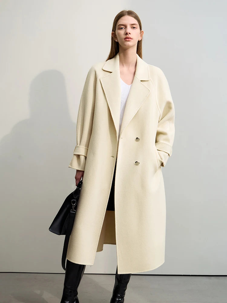 Damen Wollmantel im minimalistischen Design mit langem Gürtel und Raglanärmeln