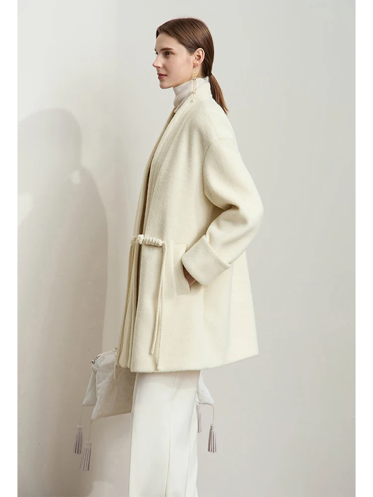 Damen Wollmantel im minimalistischen Neo-Chinesischen Stil mit V-Ausschnitt und Taschen
