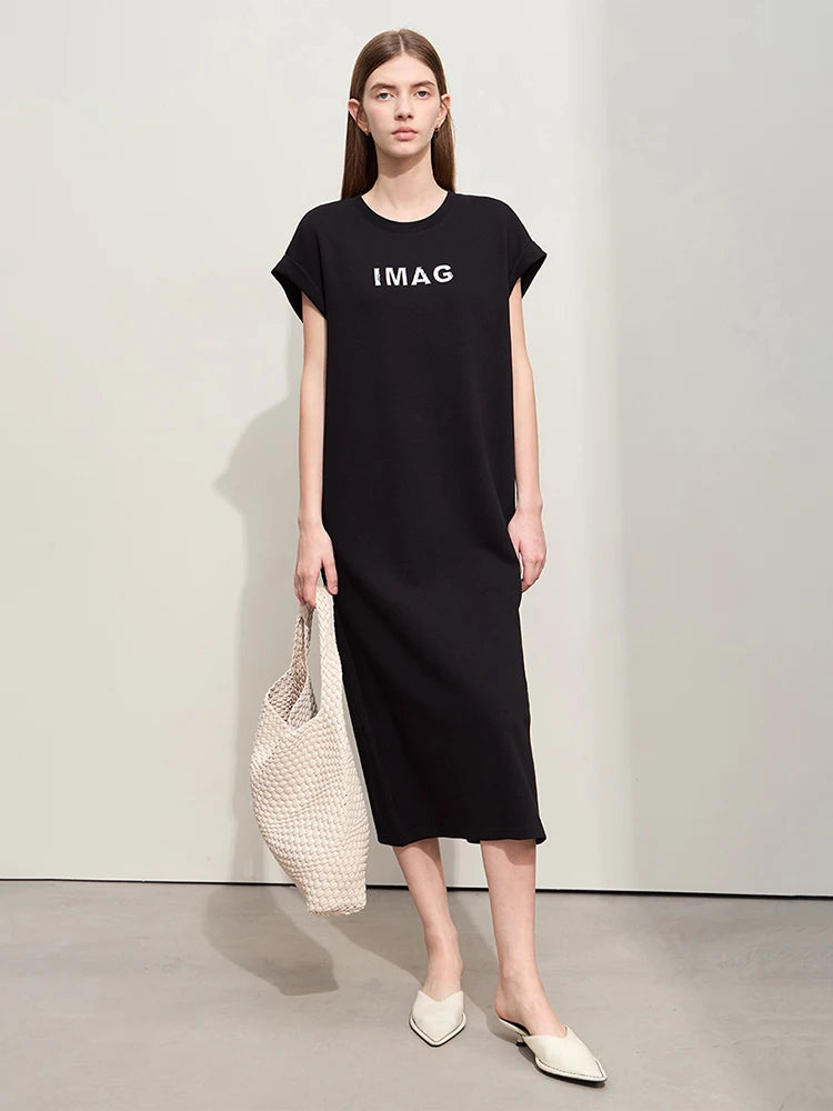 Damen Kleid für Sommer neue lässige O-Ausschnitt Kurzarm Midi gerade Perlen Stickerei Kleid Dame