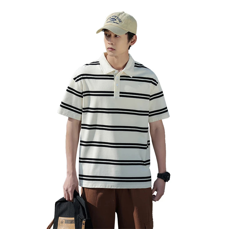 Vintage neue Marke Polos hirts Sommer Herren blau Streifen T-Shirt 100% Baumwolle Turn Down Kragen Kurzarm Tennis Sport Casual Tops