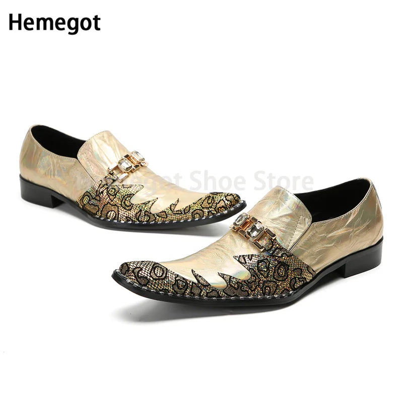 New Pointed Toe Metal Decoration Buckle Men's Gold Brogue Shoes Slip On Genuine Leather Shoes Party Evening Shoes Male