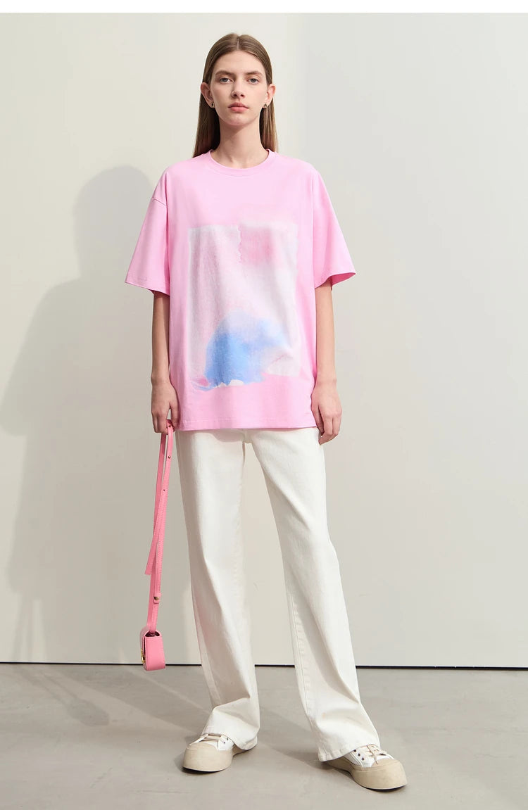 Damen T-Shirts im Minimalismus-Stil mit abstraktem Druck aus Baumwolle