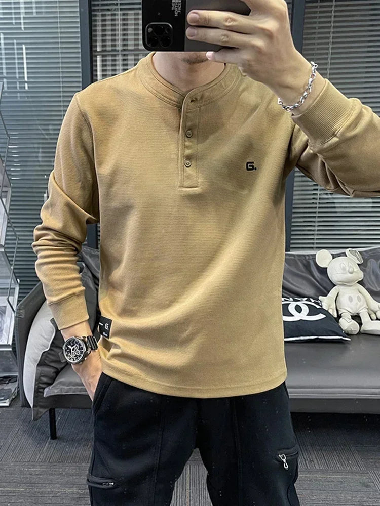 Herren Neu in Knopf Henley Neck Sweatshirts Frühling Brief Drucken Pullover Hoodies Casual Lose Y2K Streetwear Sudaderas Hombre