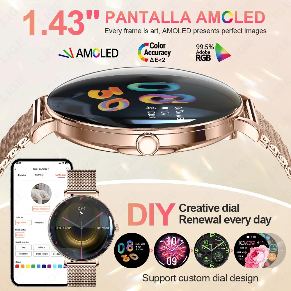 Damen Smartwatch mit 1,43 Zoll AMOLED Display und Herzfrequenzmonitor