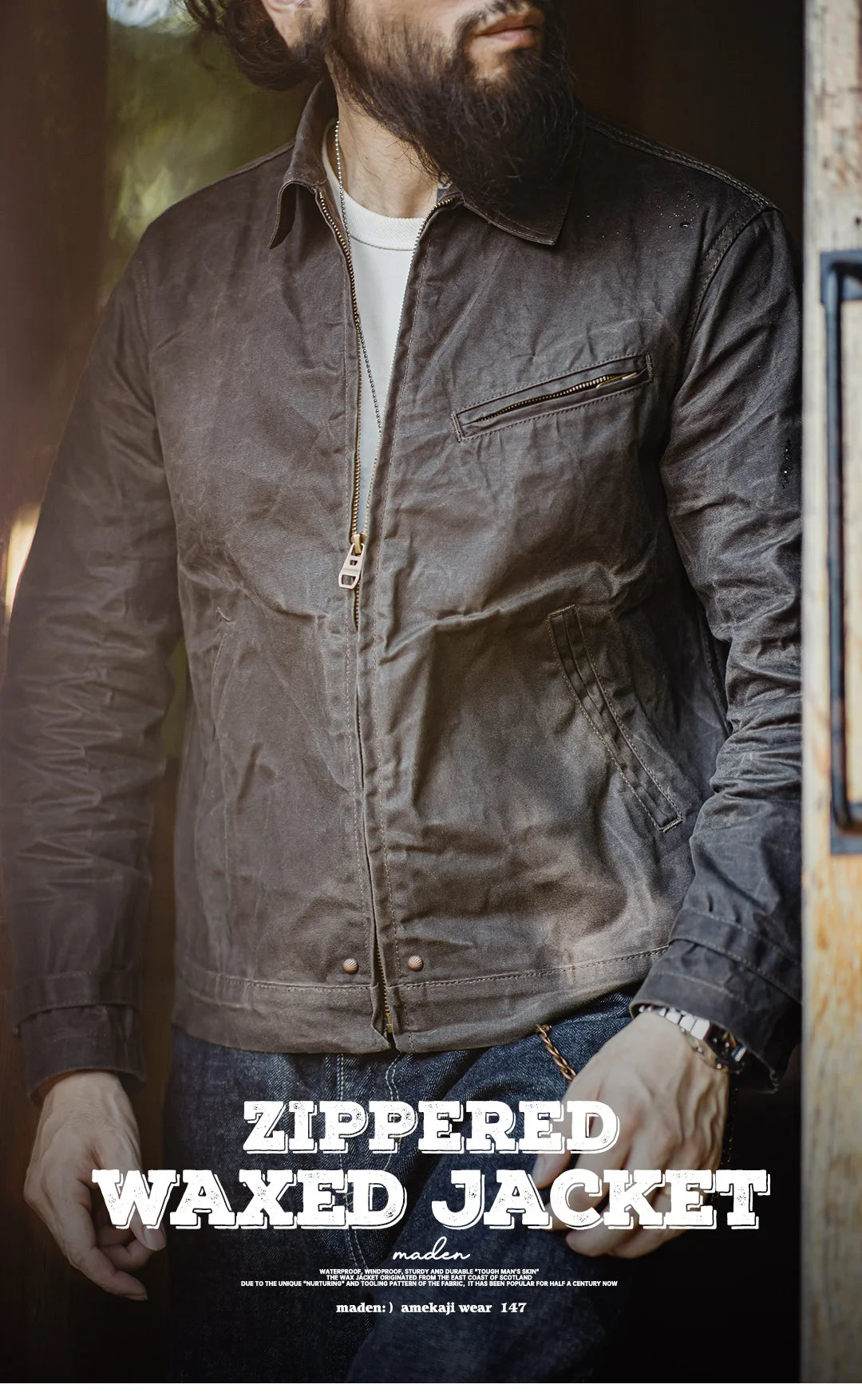 Herren Jacke Vintage IV Oil Waxed Canvas Revers Reißverschluss Taschen