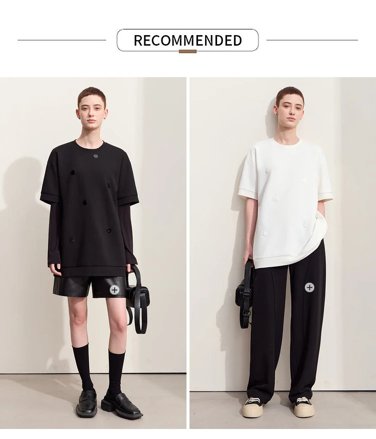 Damen T-Shirts im Minimalismus-Stil mit losem Patchwork und Dekoration