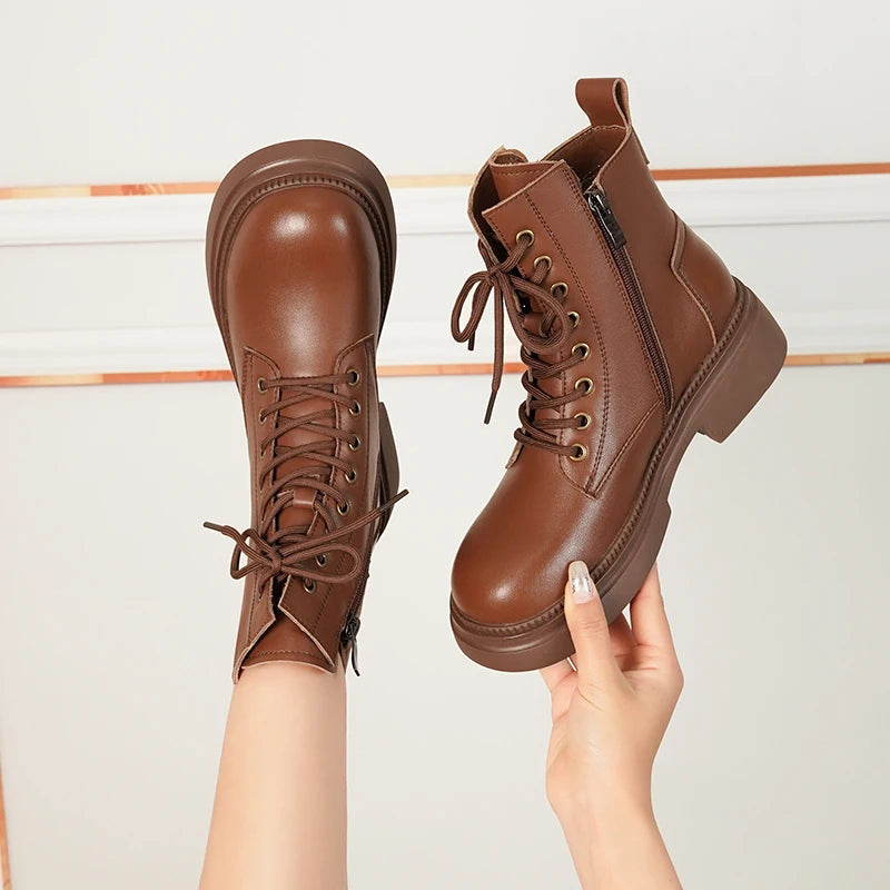 Damen Stiefeletten aus echtem Leder im Retro-Stil mit quadratischem Absatz