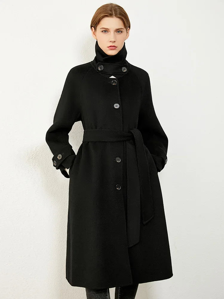 Damen Mantel aus 100 Prozent Wolle mit solidem Revers und Gürtel