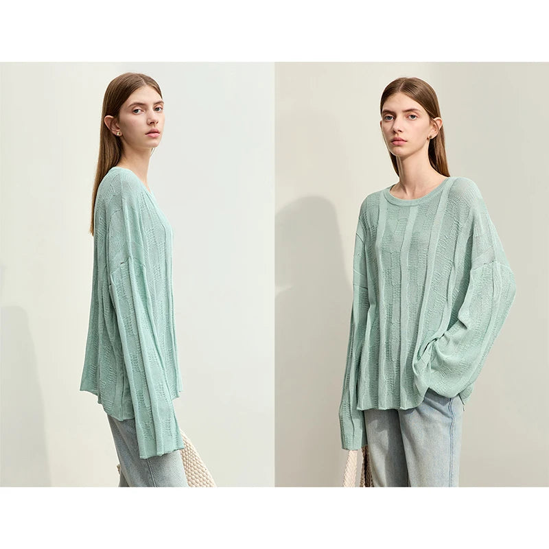 Damen-Rundhalspullover in Mint mit Ajour- und Strickstruktur, weit und locker