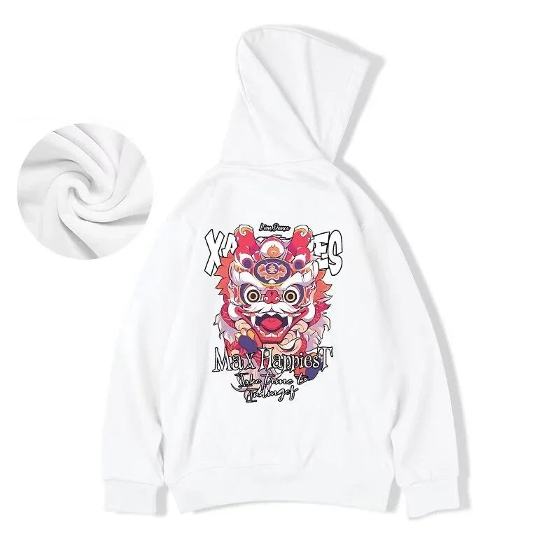 Winter Herren Lion Dance Grafik Pullover Hoodies Y2K Streetwear Fleece Mit Kapuze Sweatshirt Hip Hop Mode Übergroße Hoody Kleidung