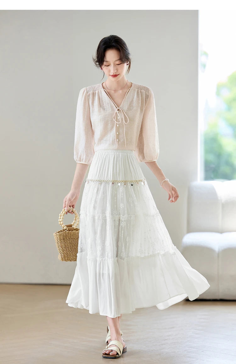 Damen A-Linien-Rock mit hoher Taille und elegantem Spitzenspleiß für den Sommer