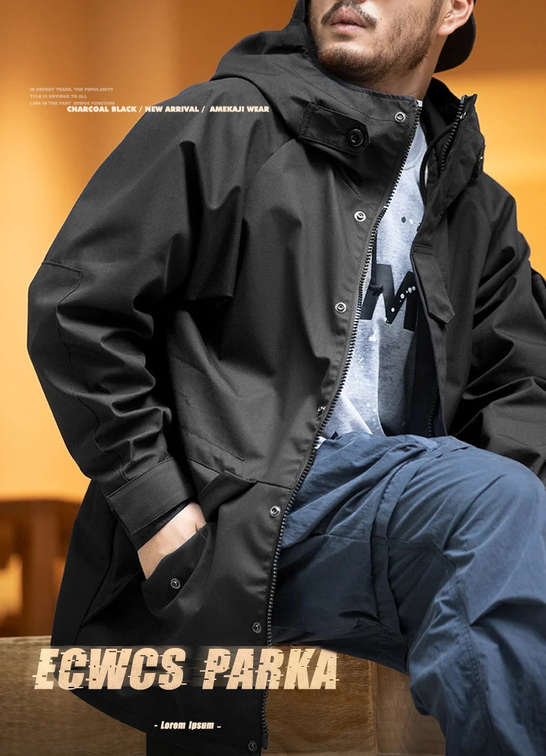 Herren Outdoor Sport Kapuzenjacke Windjacke Motorrad Stil Mittellanger Mantel Taschen Herbst
