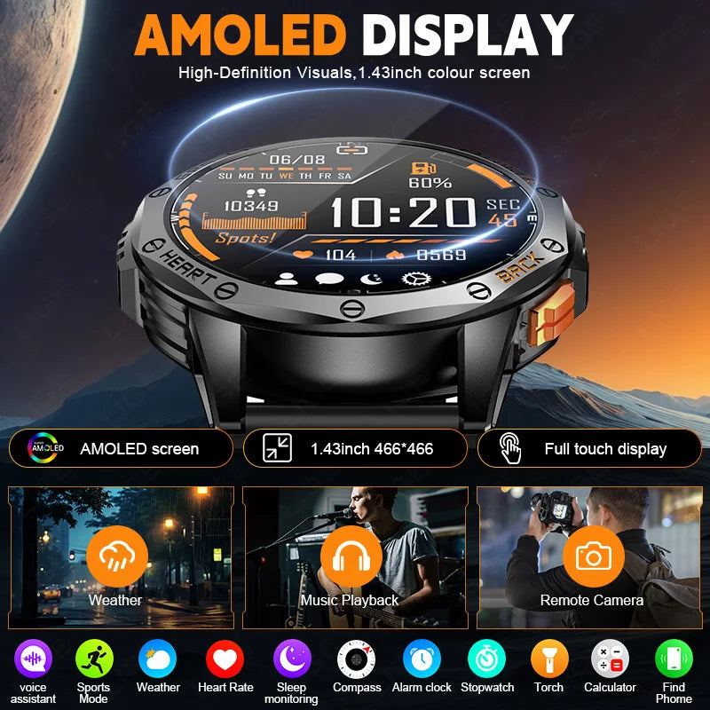 LIGE Military GPS Smart Uhr Männer AMOLED HD Bildschirm Bluetooth Anruf Herzfrequenz LED Taschenlampe Kompass 530 mAh Smartwatches 2025 neue