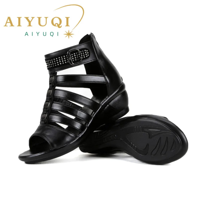 AIYUQI frauen sandalen 2025, sommer neue frauen echtes leder sandalen große größe 41 42 43 strass Römischen sandalen damen mutter
