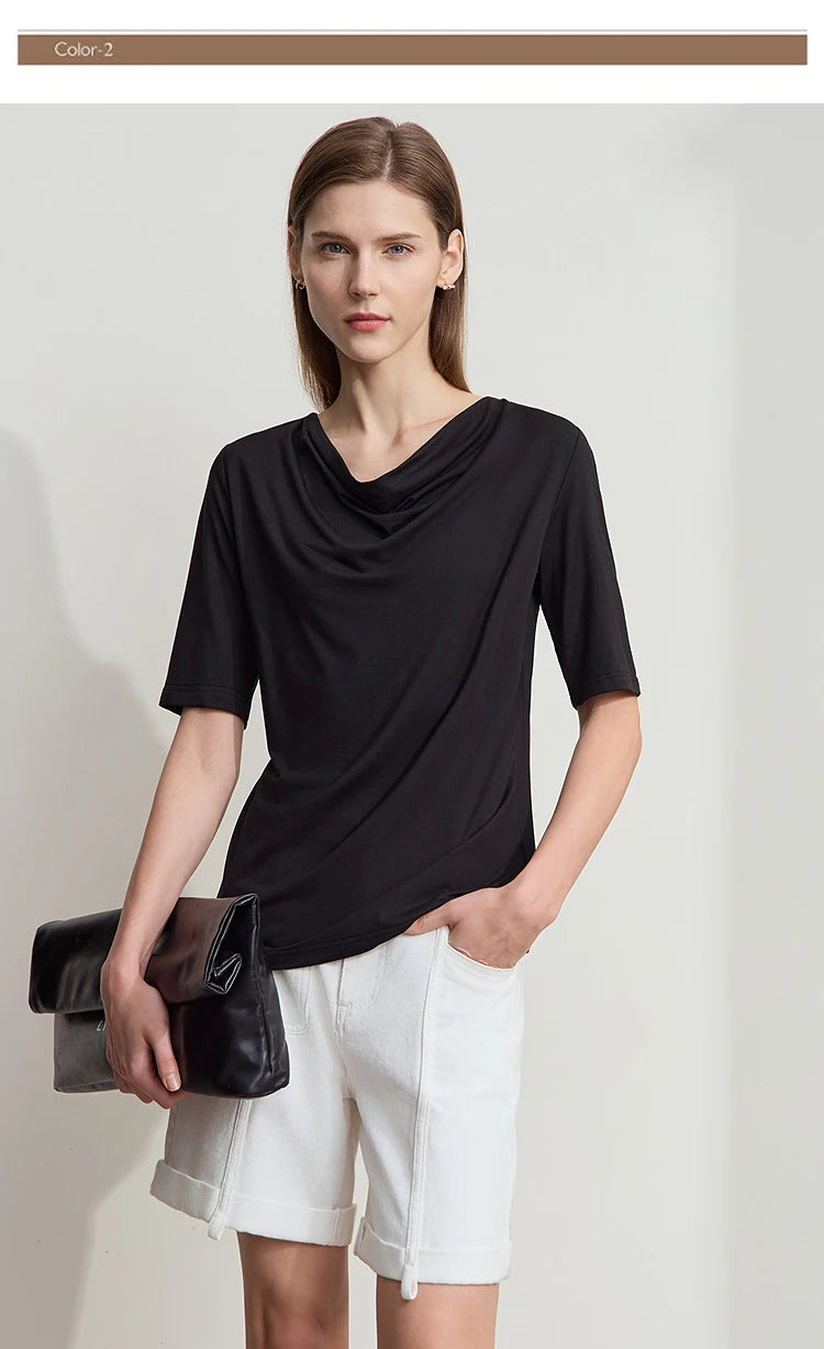 Damen T-Shirt mit drapierter Kragen- und besticktem Design aus modalem Strick
