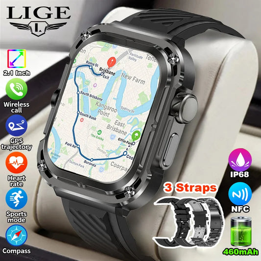 LIGE Neue GPS Smartwatch Männer 2,1'' HD Bildschirm NFC Kompass 460mAh Militär Outdoor Sport Smart Uhr IP68 wasserdichte BT Anruf Uhr
