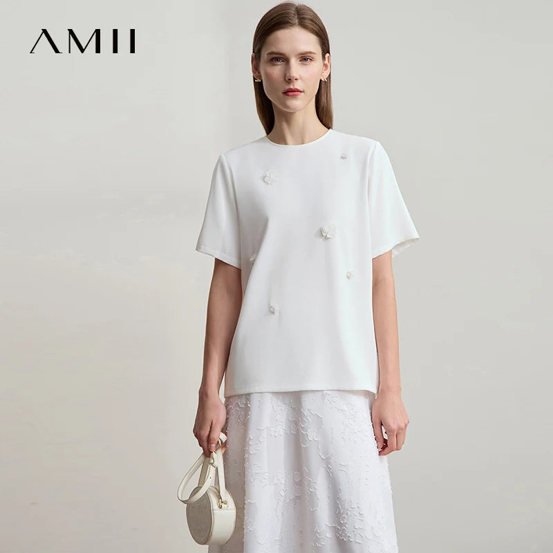 Damen Top im minimalistischen Stil mit elegantem O-Ausschnitt und Pailletten-Blume