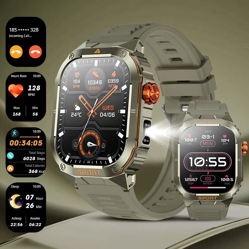 LIGE Military Taschenlampe Smart Uhr Wasserdicht Herzfrequenz Fitness Sport Anruf Erinnerung Smartwatch Für IOS Android Telefon 2025