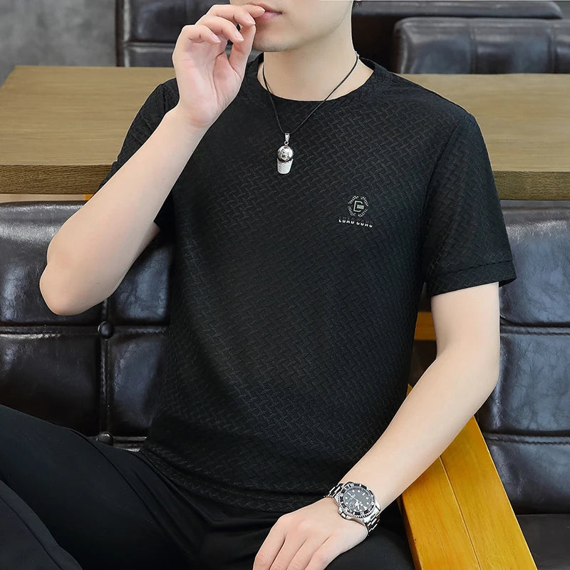 Männer T-Shirt aus Luxus-Eis-Seide mit O-Ausschnitt und kurzen Ärmeln
