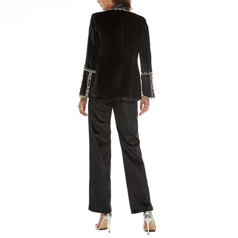 Elegantes Damen-Zweiteiler-Set mit V-Ausschnitt, langen Ärmeln und Perlenverzierung – Patchwork-Top mit Knöpfen und hoch taillierte Hose