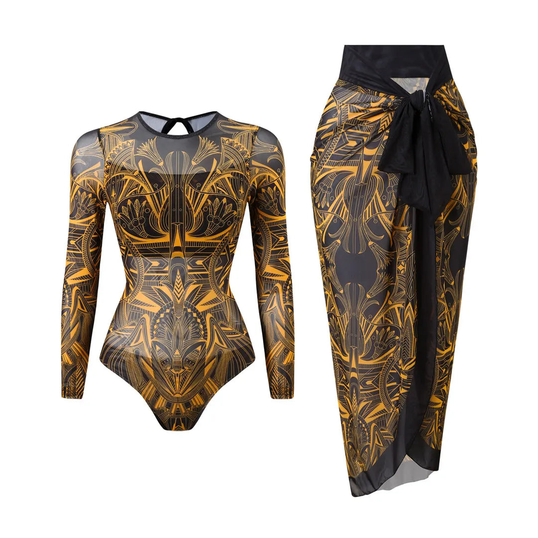 Damen-Badeanzug Blumen Langarm Sarong einteilig gepolstert