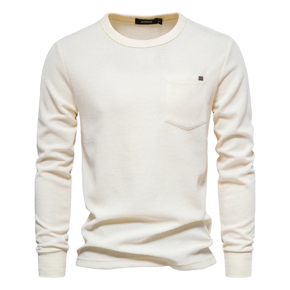 Herren-T-Shirt aus Waffel-Baumwolle mit langen Ärmeln – einfarbiges Einzeltaschen-Design, atmungsaktives Herbst-Basic-Oberteil für lässige Outfits