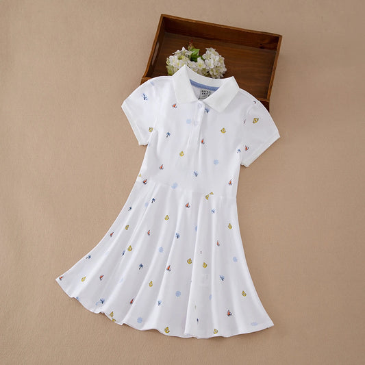 Mädchen-Polokleid mit nautischem Aufdruck, kurzärmelig, A-Linie, Freizeitkleid für Kinder, 5–12 Jahre, Kinderkleidung