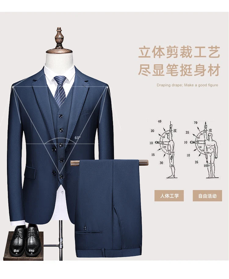 Hochwertiger Herrenanzug 3-teilig: Sakko, Weste, Hose – Eleganter Business- und Hochzeitslook in Uni-Farben