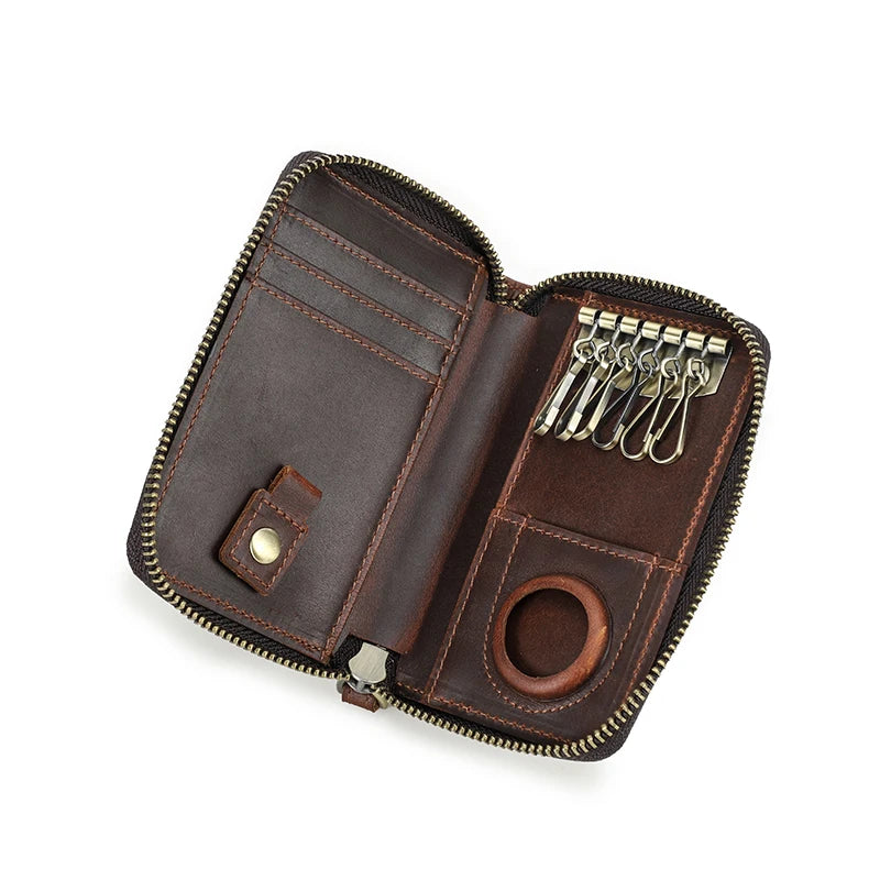 Offene braune Schlüsselbrieftasche aus Leder mit Schlüsselhaken, Kartenfach und Lederschlaufe