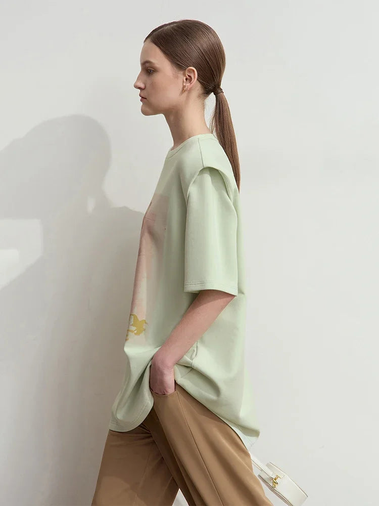 Damen T-Shirt im minimalistischen Stil mit lässigem O-Ausschnitt und Kunstdruck