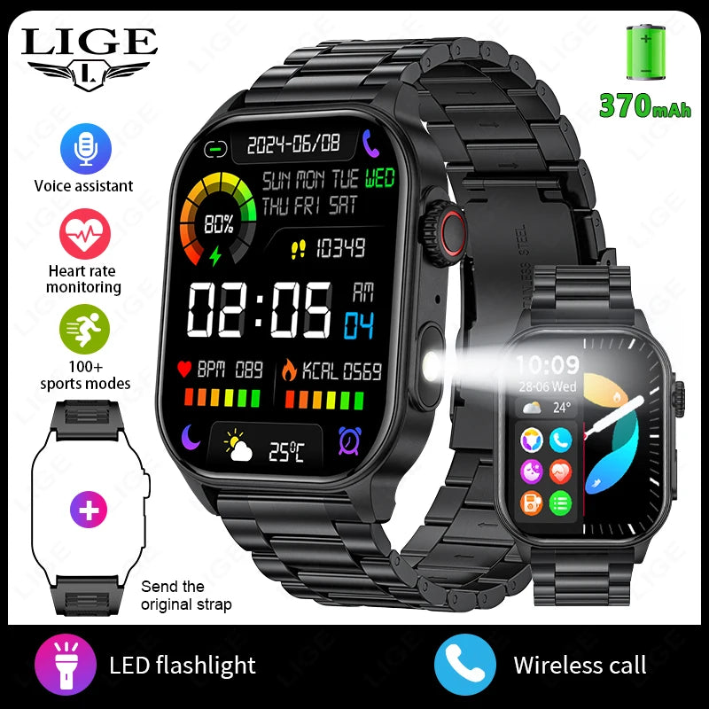 LIGE Neue Smartwatch für Herren, robust, Militär, Bluetooth, Anruf, Sport, Herzfrequenz, IP68, wasserdicht, Outdoor-Smartwatches mit Taschenlampe