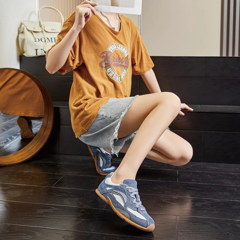 AIYUQI Damen Canvas Sneaker Denim Patchwork Flach