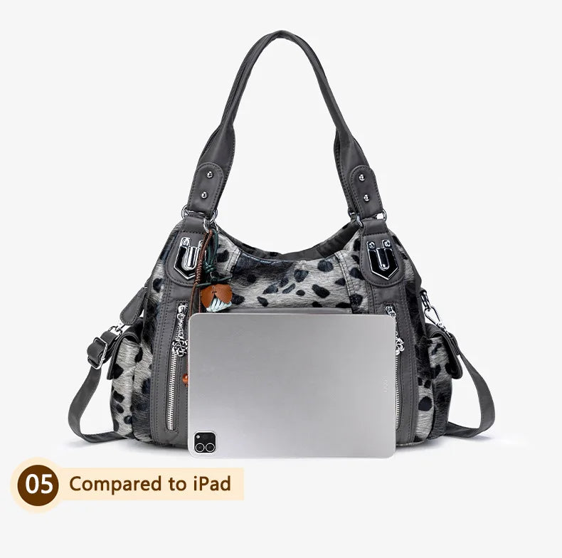 Damen-Hobo-Tasche aus gewaschenem Leder mit grau-Leoparden-Print und mehreren Fächern und viel Stauraum