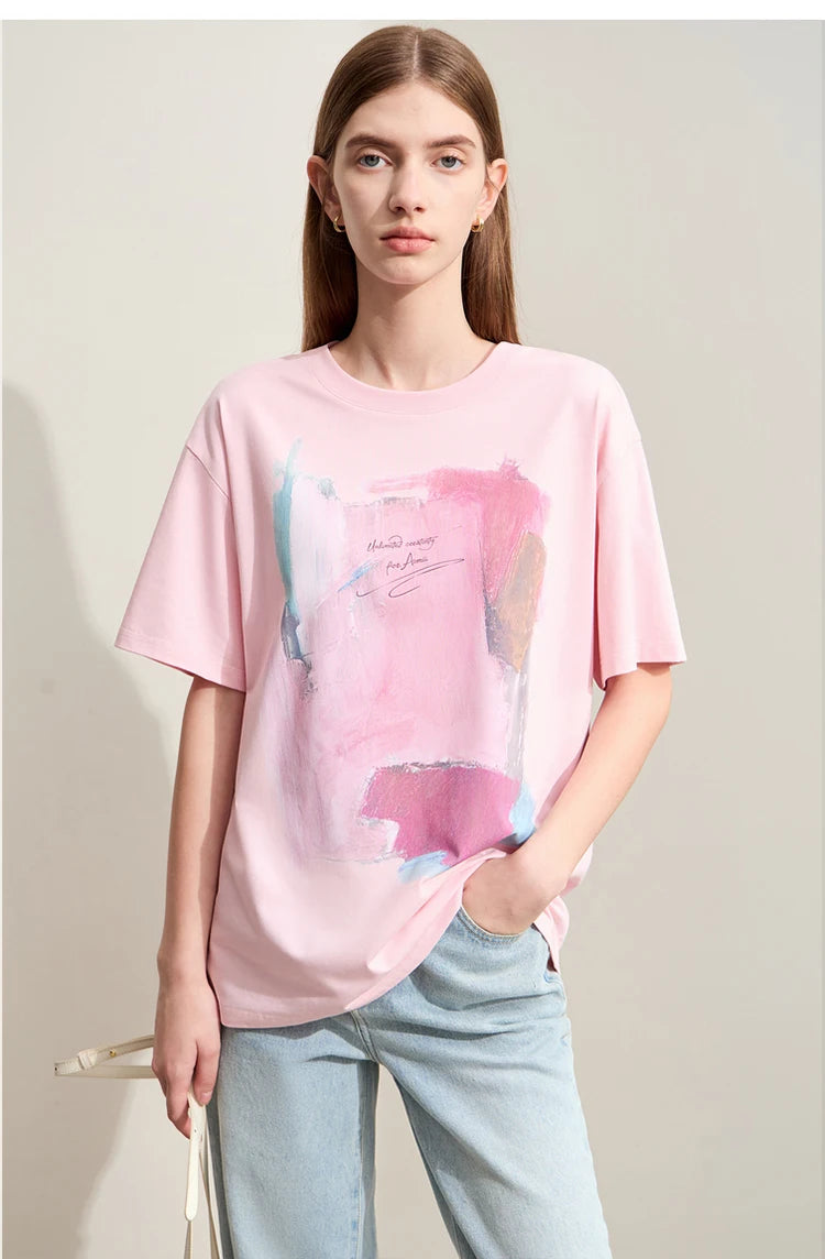 Damen T-Shirts im minimalistischen Stil mit abstraktem Druck für den Sommer