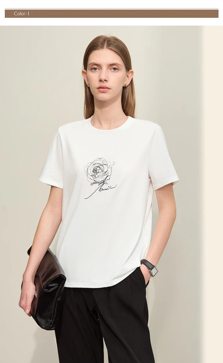 Damen Kurzarm-T-Shirt im minimalistischen Stil mit O-Ausschnitt und Stickerei