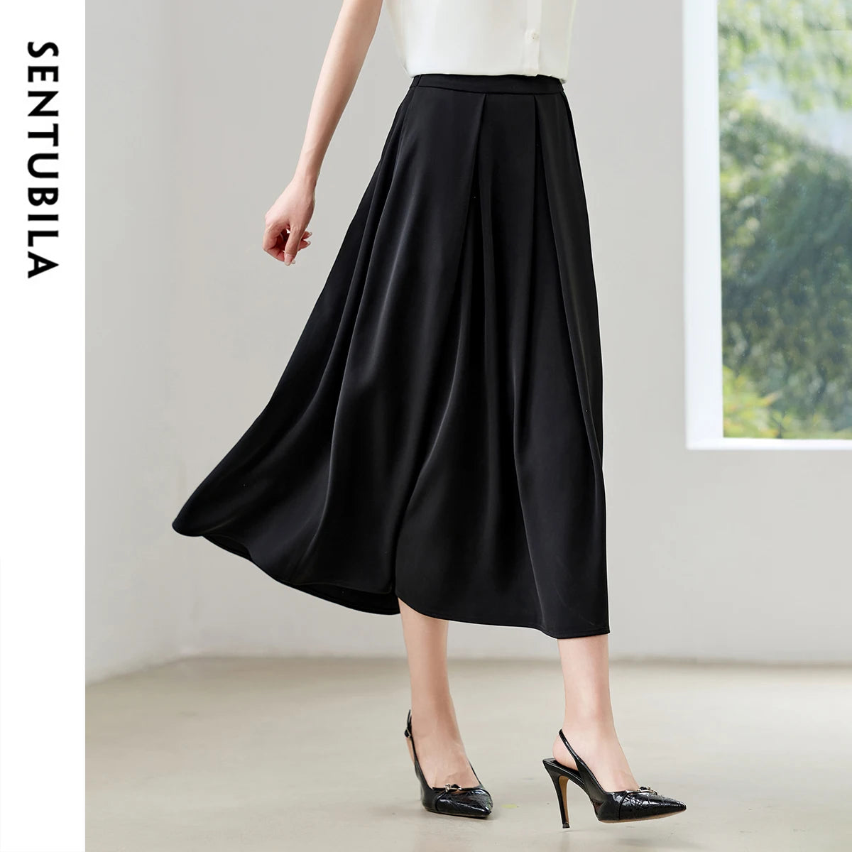 Damen Midirock in Schwarz mit Seitentaschen im A-Linien-Stil für Büro