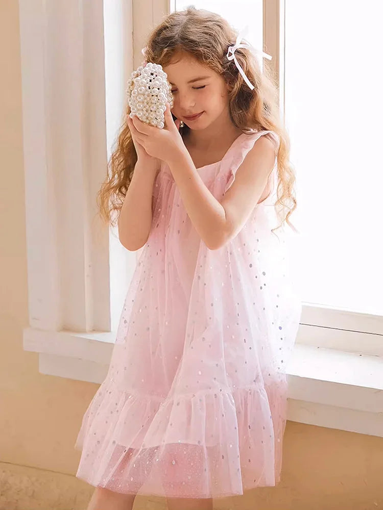 Rosa Prinzessinnen-Kleid für Mädchen mit Pailletten und Gaze – Sommerliches Partykleid für Kinder von 3 bis 12 Jahren