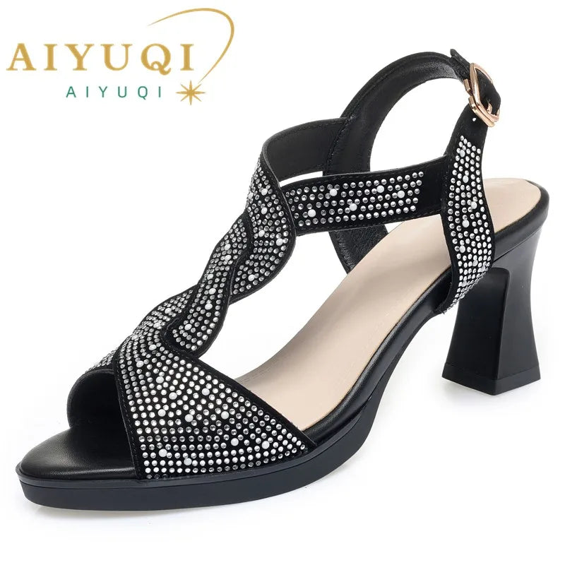 AIYUQI Sandalen Frauen 2025, Neue Mode Sommer Sandalen Frauen Offene spitze Strass High Heels Römische Schuhe Frauen