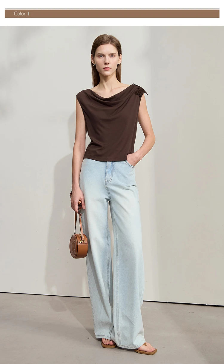 Damen Casual-T-Shirt im minimalistischen Stil mit Swing-Kragen und ärmellos
