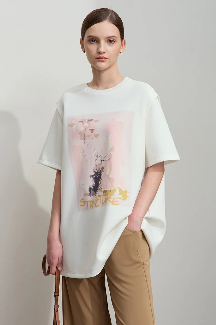 Damen T-Shirt im minimalistischen Stil mit lässigem O-Ausschnitt und Kunstdruck
