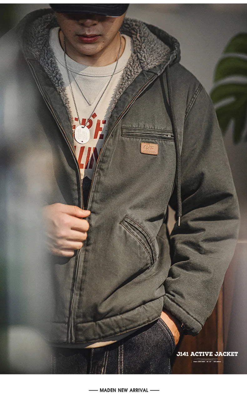 Herren Kapuzenjacke Einfarbig Sherpa-Fleece Baumwolle Taschen